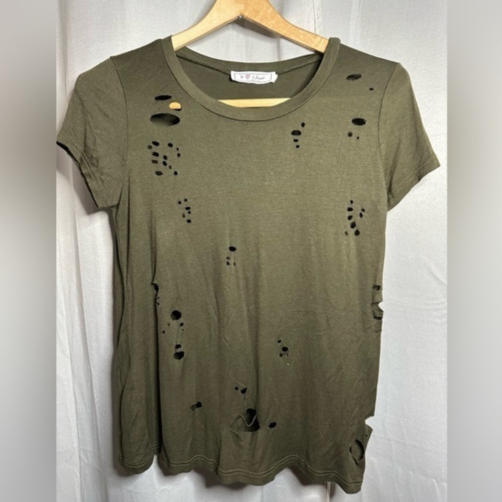 It Closet Los Angeles‎ Olive Green Distressed Cutout Short Sleeve Tee S
